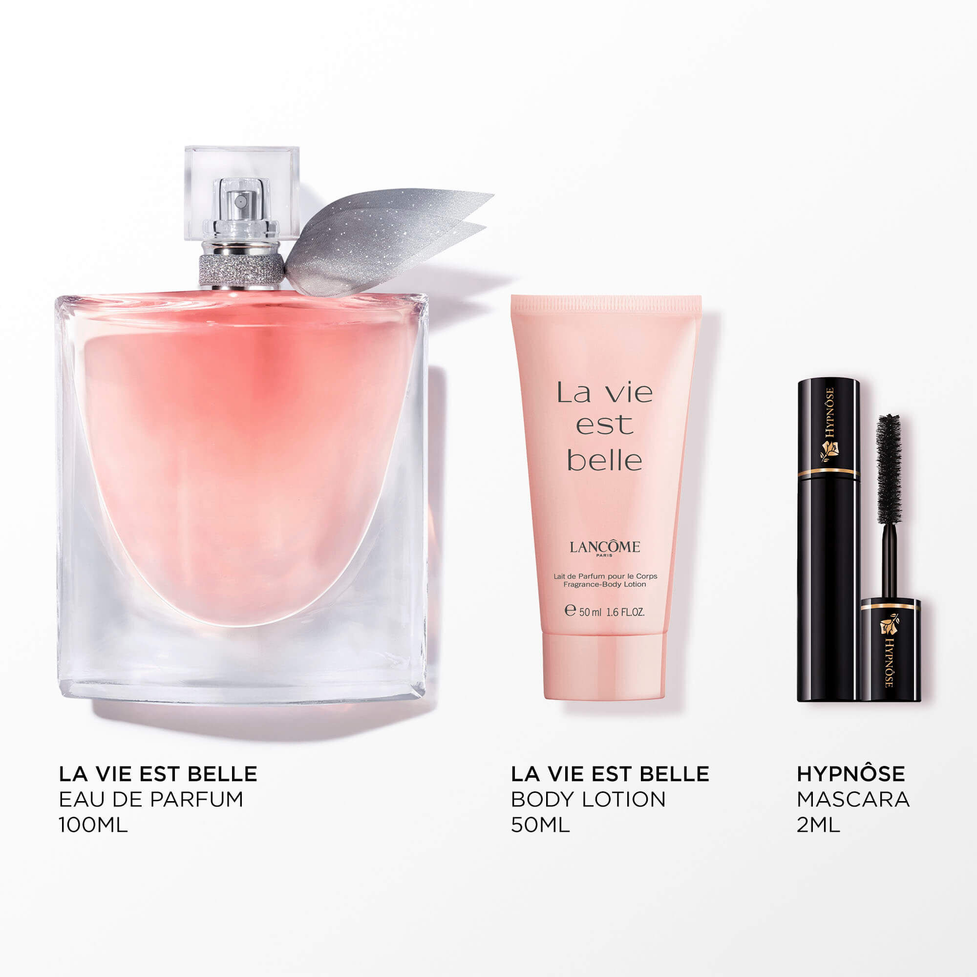 Imagen de los siguientes productos sobre fondo blanco: LA VIE EST BELLE EDP 100ML - LA VIE EST BELLE BODY LOTION 50ML - HYPNOSE MASCARA MINI 2ML