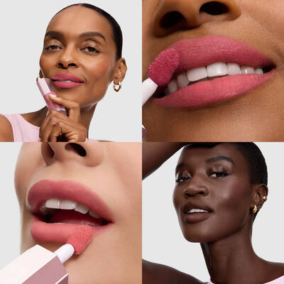 Collage mostrando la aplicacion y los looks terminados de modelos con tonos de piel diversos.