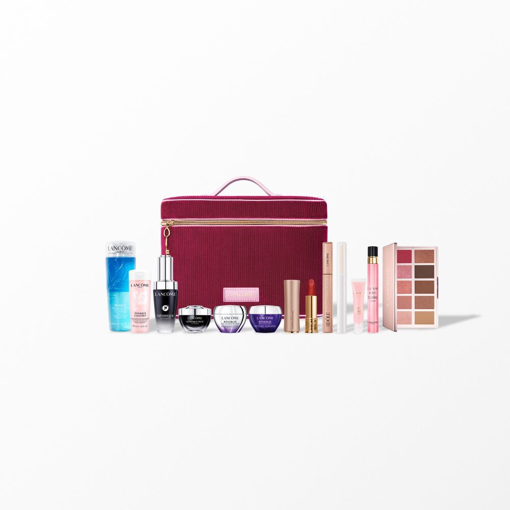 Coleccion Lancome Holiday Beauty Box con productos para el cuidado de la piel, maquillaje y fragancias dispuestos alrededor de un estuche de tocador rojo cereza.