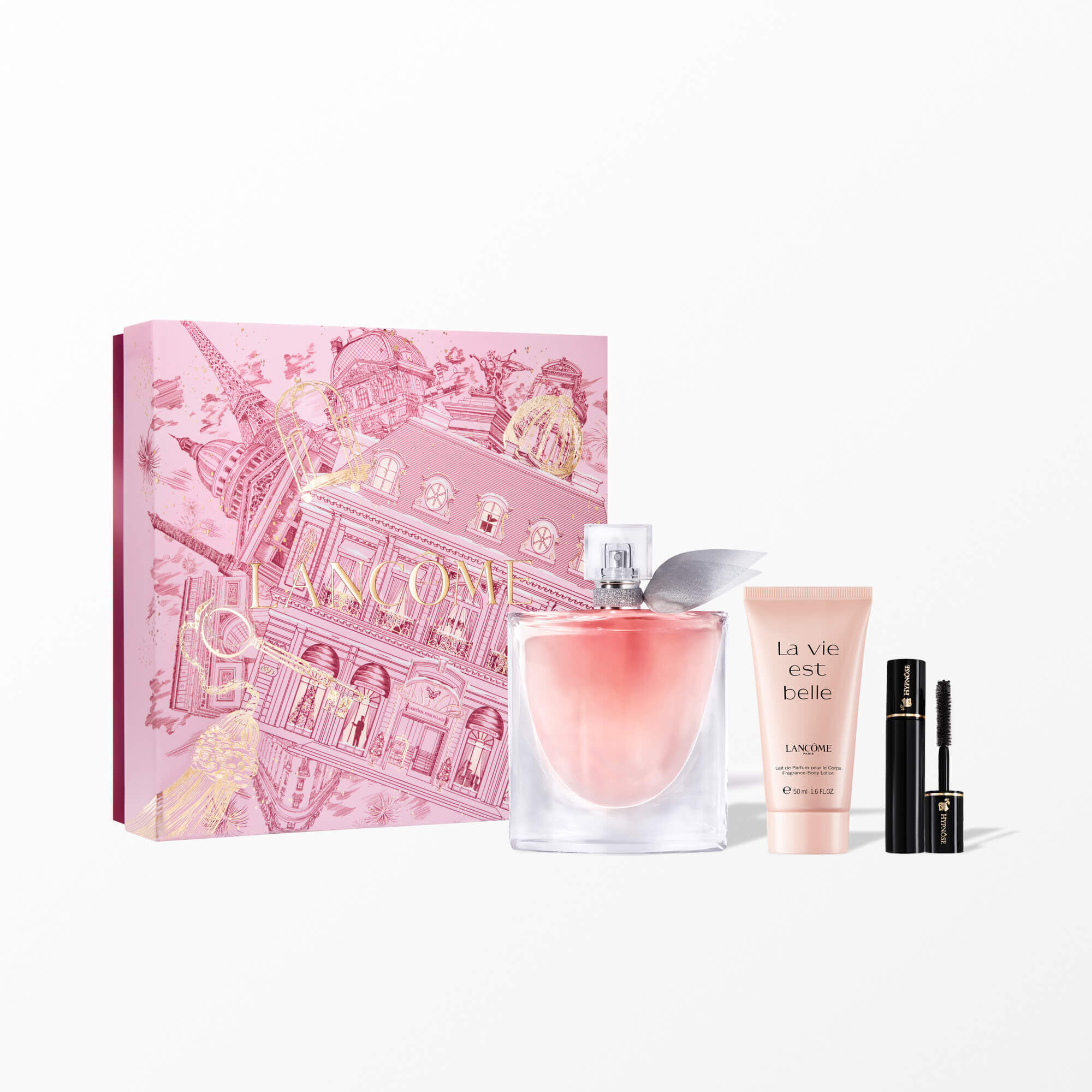 Cofre de regalo navideno La Vie Est Belle que contiene: LA VIE EST BELLE EDP 100ML - LA VIE EST BELLE BODY LOTION 50ML - HYPNOSIS MASCARA MINI 2ML