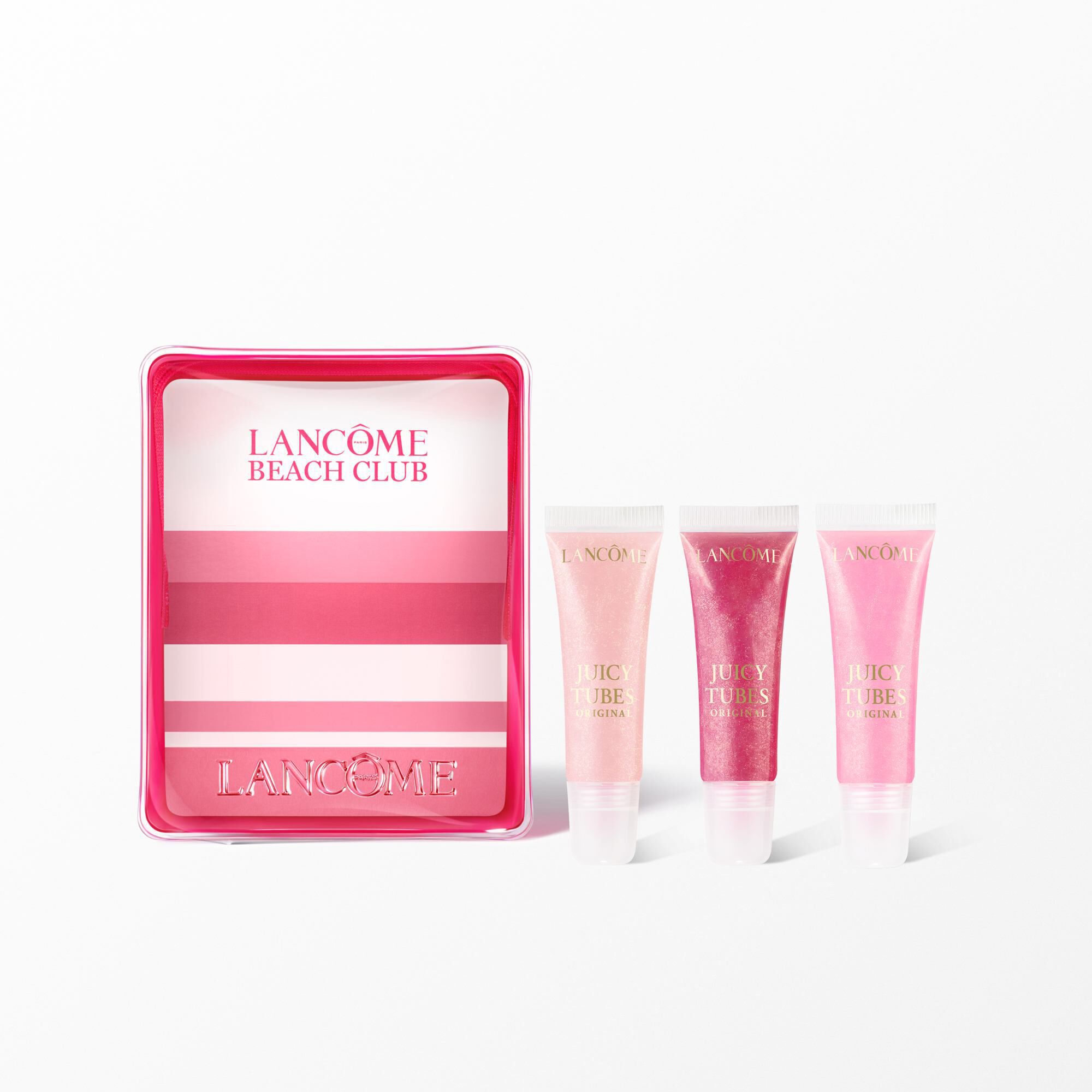 Un set de brillo de labios Lancome Beach Club con el neceser de rayas rosas y tres tubos de brillo original de Juicy Tubes.