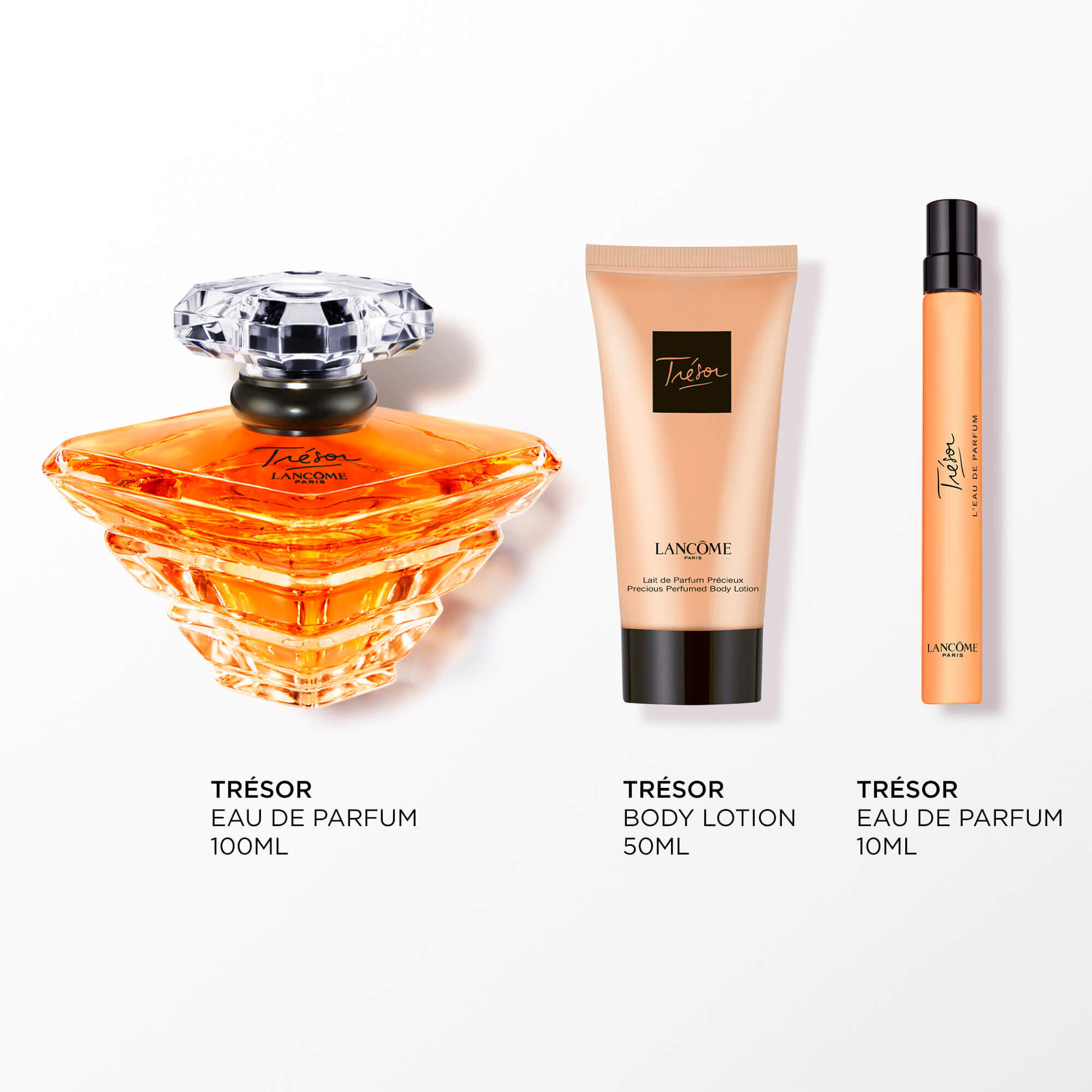Imagen de los siguientes productos sobre fondo blanco: TRESOR EDP 100ML - TRESOR EDP 10ML - LOCION CORPORAL TRESOR 50ML