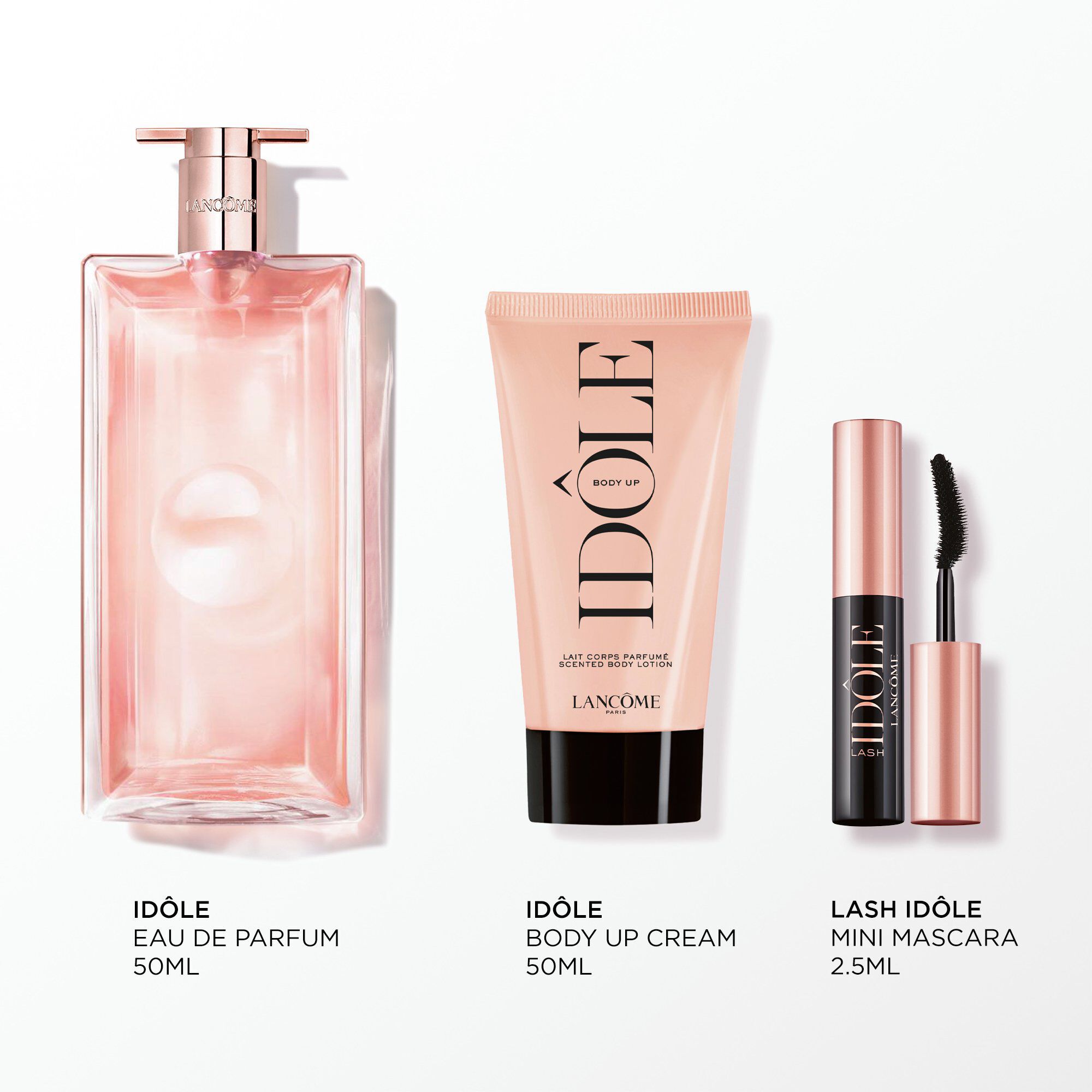 Imagen de los siguientes productos sobre fondo blanco: IDOLE EDP 50ML - LOCION CORPORAL IDOLE 50ML - LASH IDOLE MASCARA MINI 2.5ML