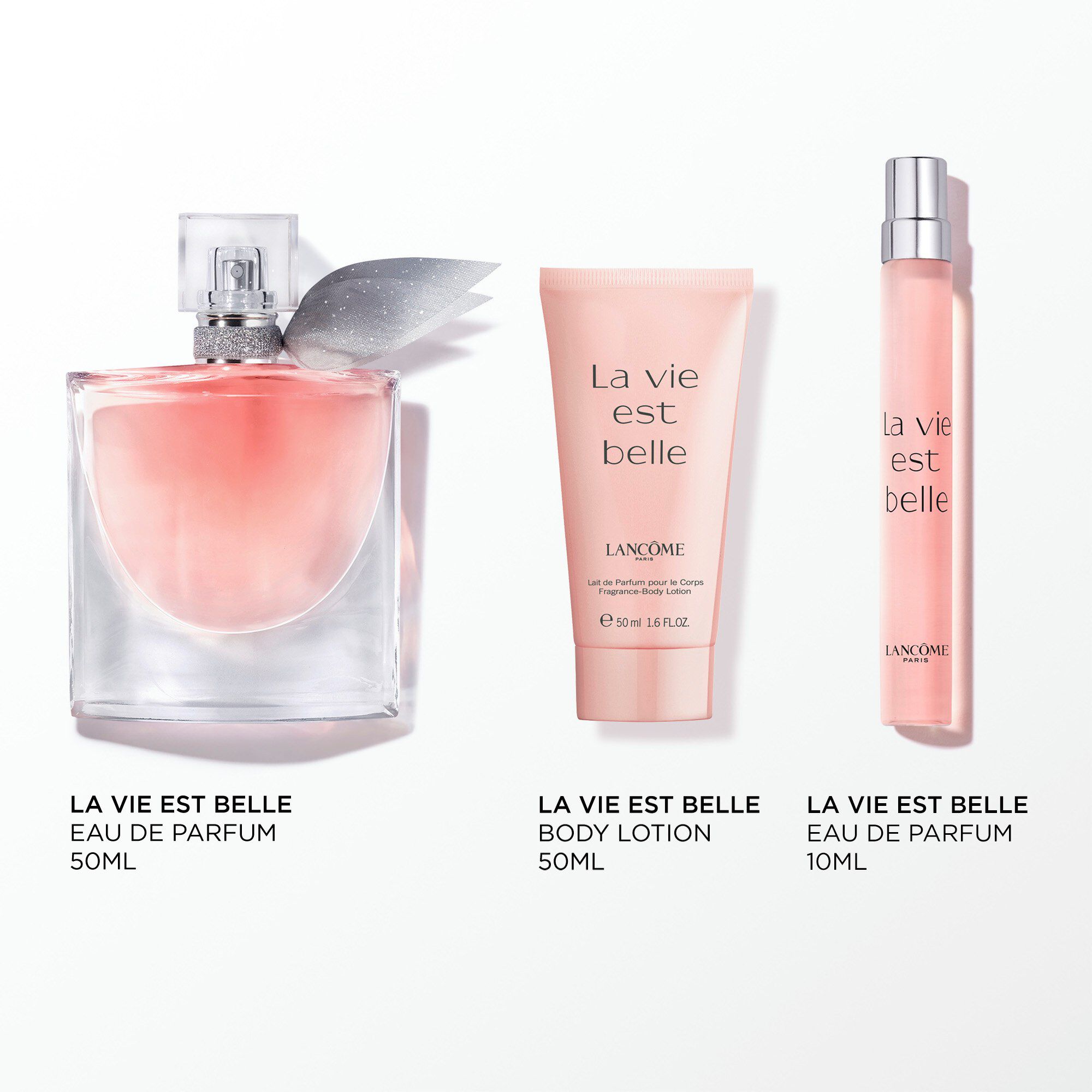 Imagen de los siguientes productos sobre fondo blanco: LA VIE EST BELLE EDP 50ML - LA VIE EST BELLE EDP 10ML - LA VIE EST BELLE Locion corporal 50ML