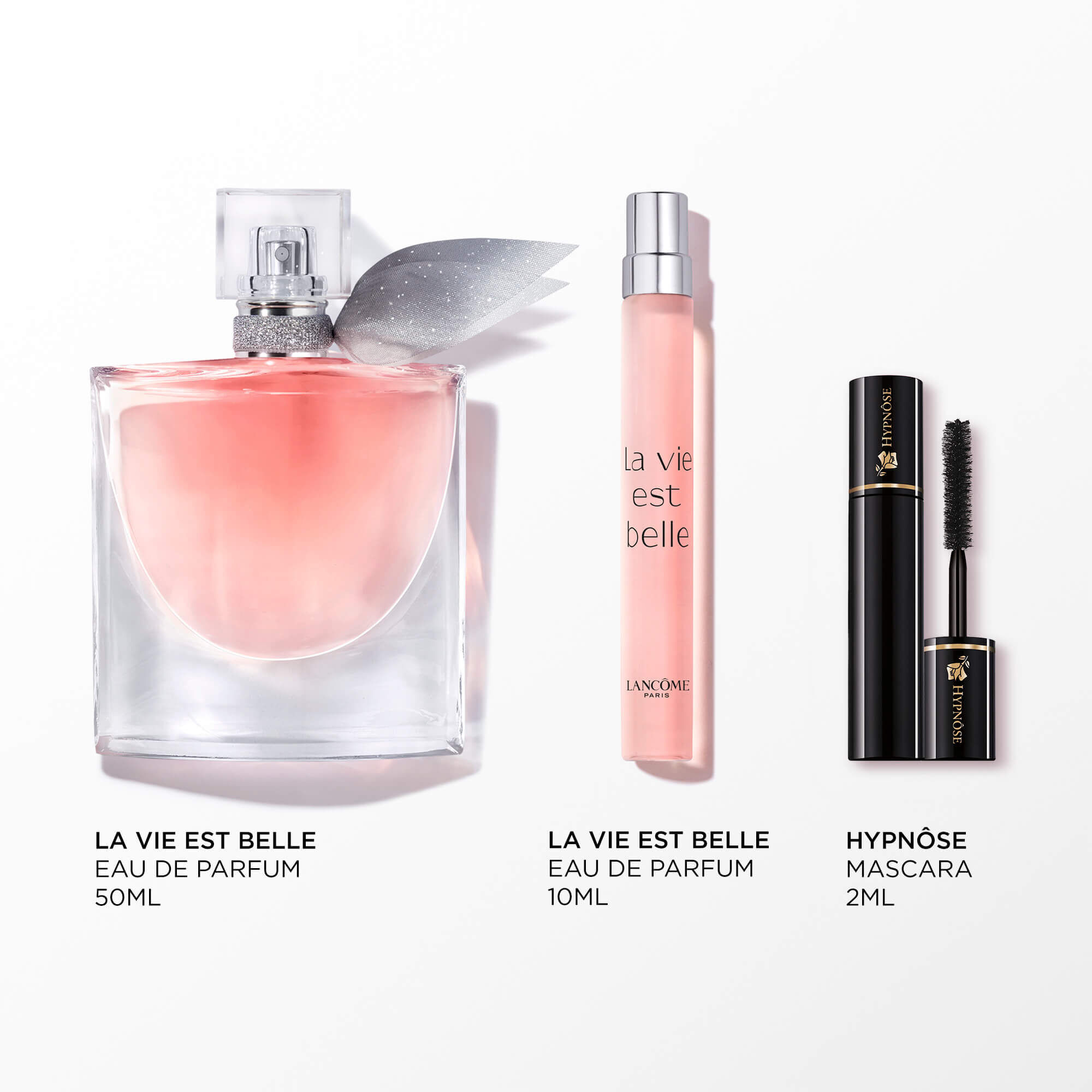 Imagen de los siguientes productos sobre fondo blanco: LA VIE EST BELLE EDP 50ML - LA VIE EST BELLE EDP 10ML - HYPNOSE MASCARA MINI 2ML