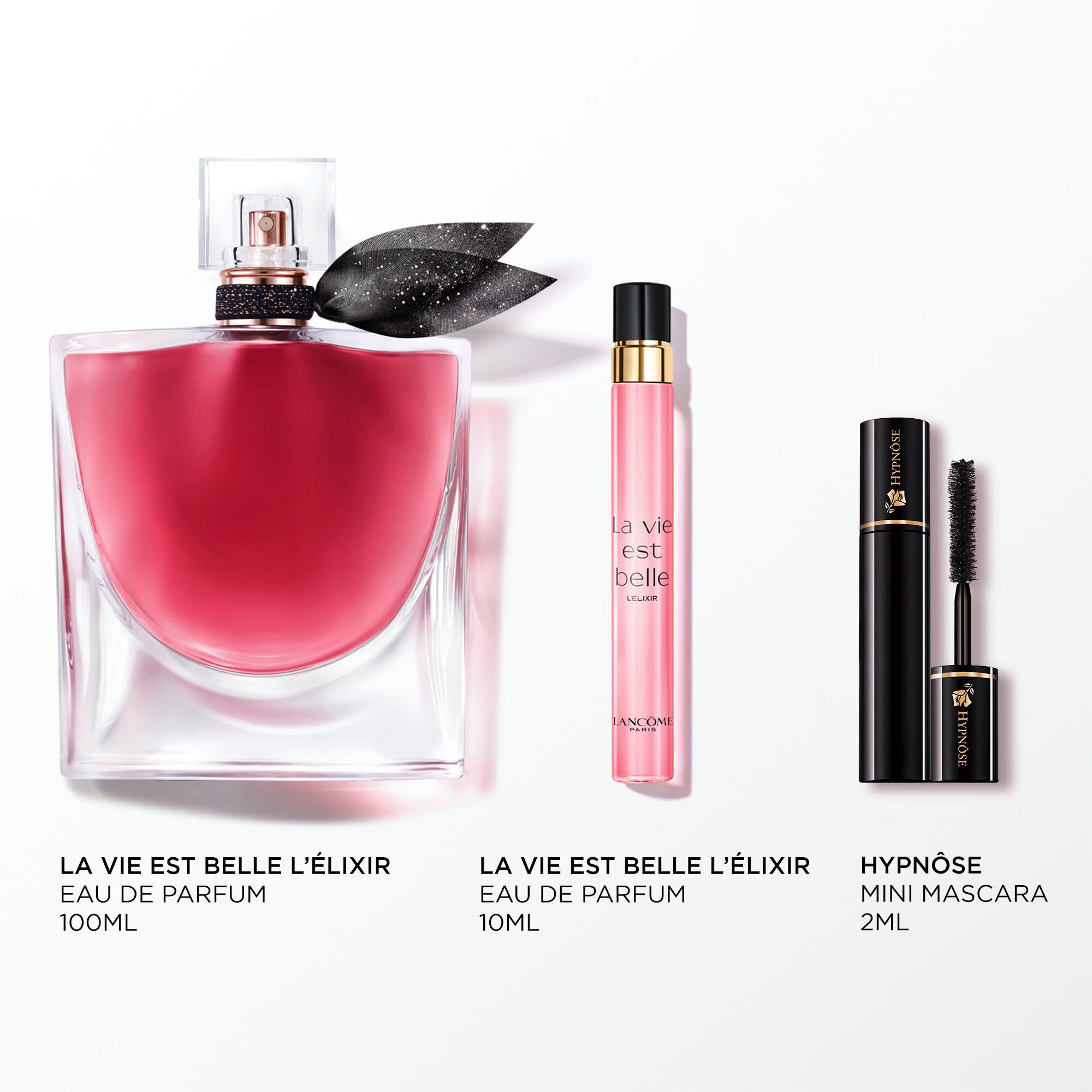Imagen de los siguientes productos sobre fondo blanco: LA VIE EST BELLE ELIXIR 100ML - LA VIE EST BELLE ELIXIR 10ML - HYPNOSE MASCARA MINI 2ML