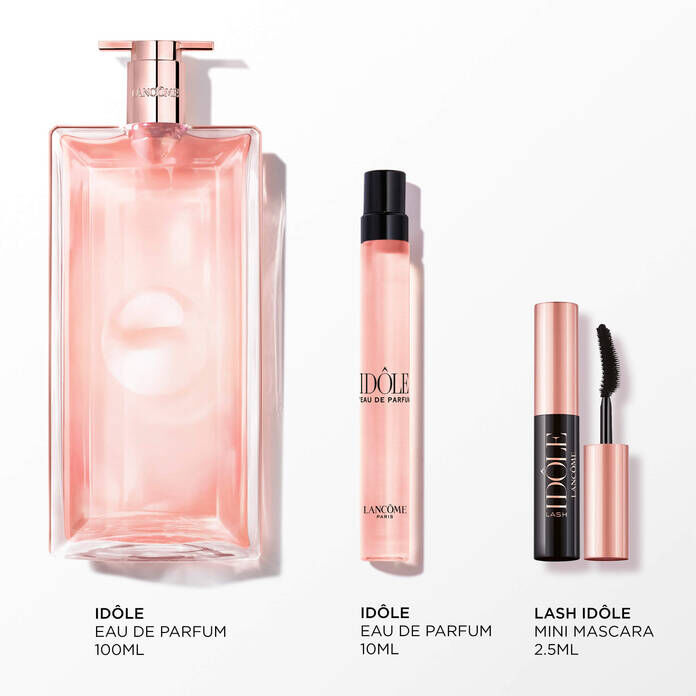 Imagen de los siguientes productos sobre fondo blanco: IDOLE EDP 100ML - IDOLE EDP 10ML - LASH IDOLE MASCARA MINI 2,5ML