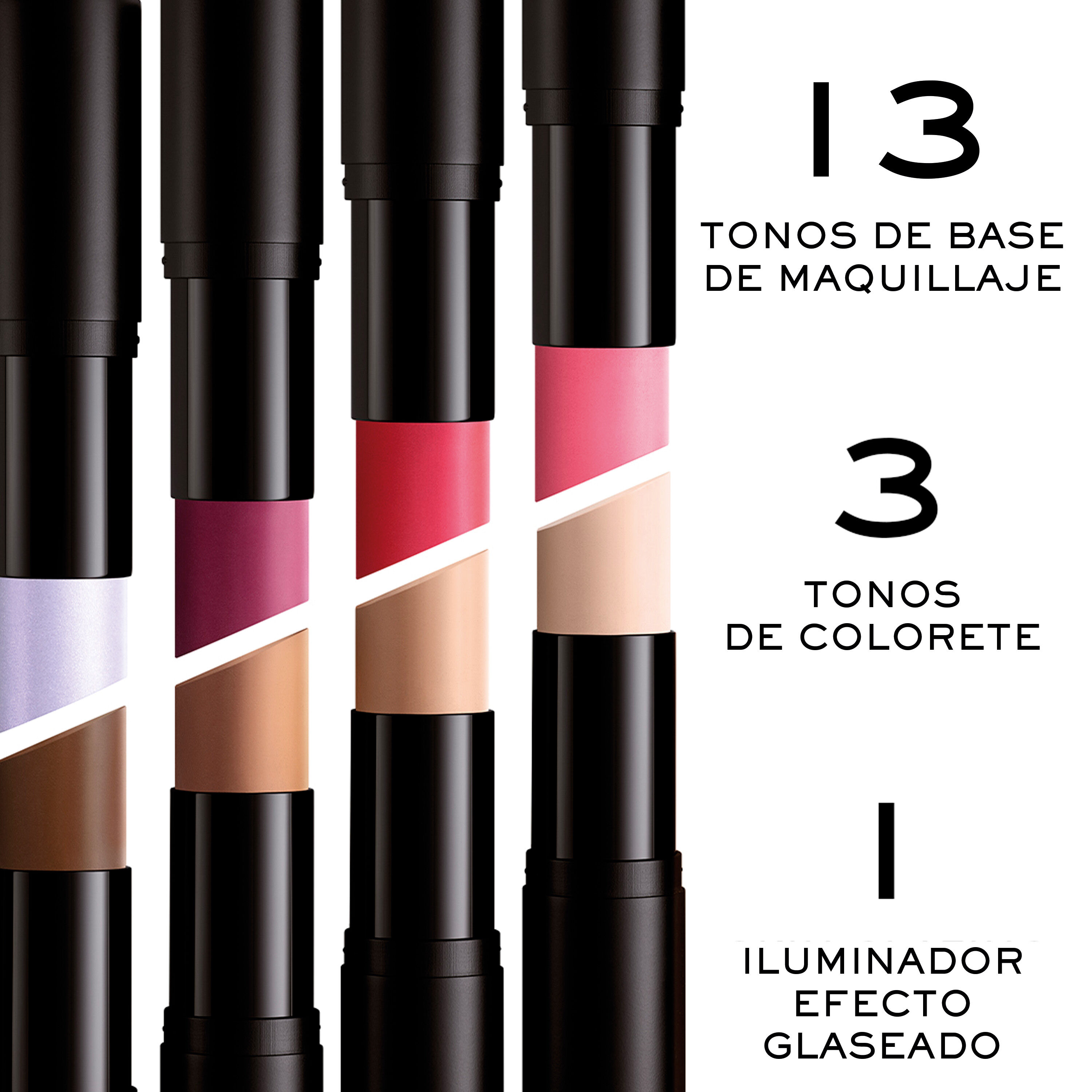 27 tonos de piel. 3 tonos de colorete. 1 iluminador para glaseado de piel.