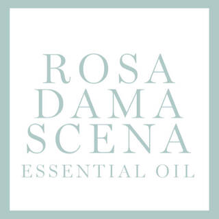 Texto alternativo: Logo de aceite esencial de rosa damascena sobre fondo blanco.