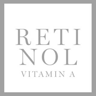 Texto en la imagen que dice "RETINOL VITAMINA A" en letras grandes y elegantes sobre un fondo blanco.