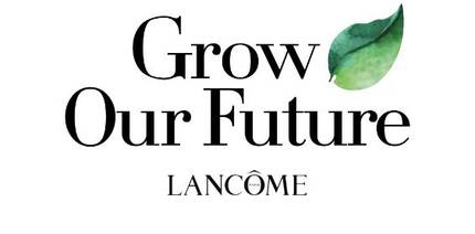 Texto alternativo en espanol: "Logotipo de Lancome con el lema 'Crezcamos Nuestro Futuro', acompanado de una hoja verde."