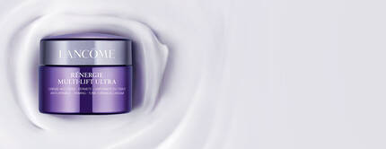 Frasco de crema facial Renergie Multilift Ultra de Lancome sobre un fondo suave y blanco.