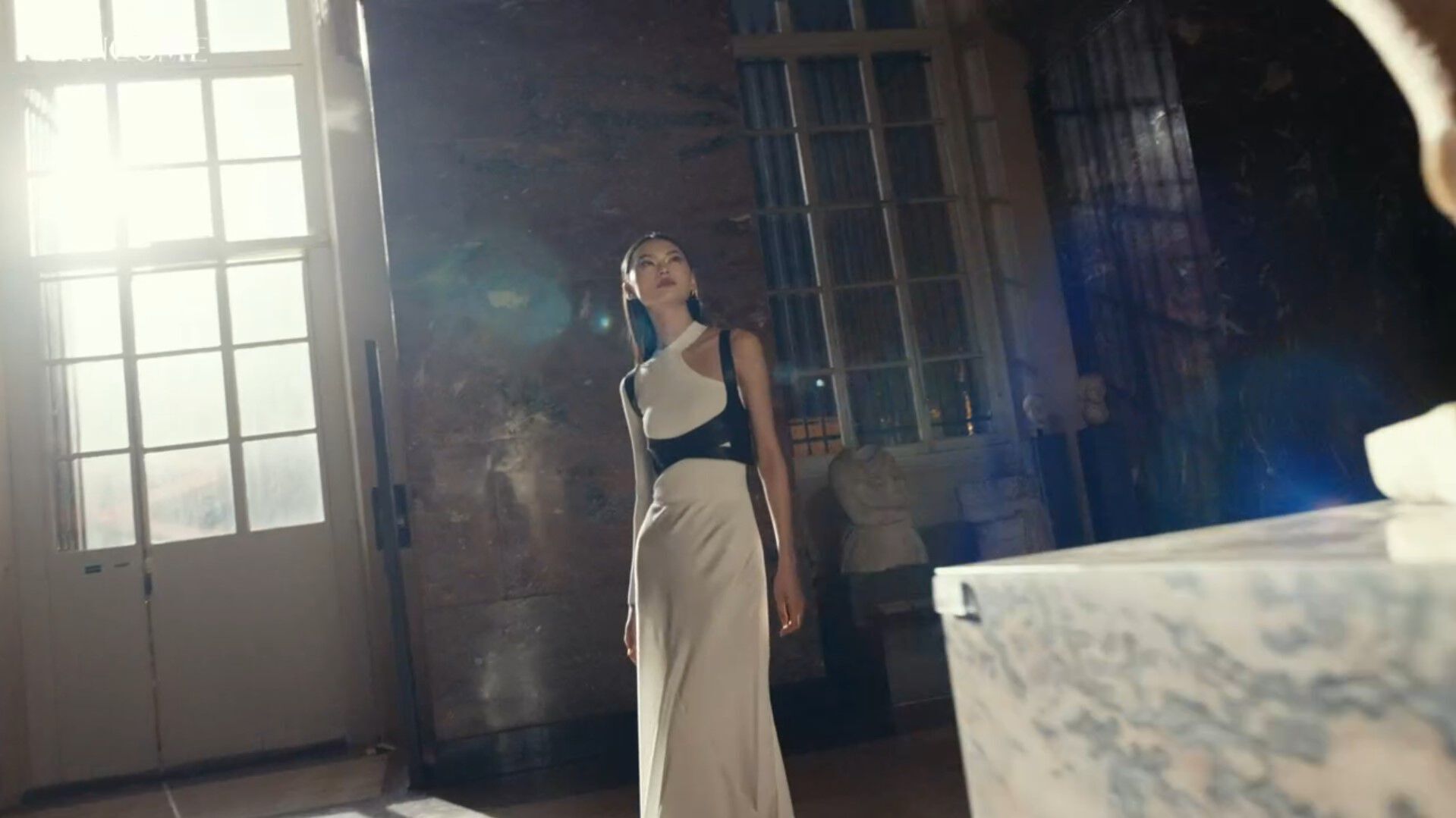 Modelo femenina en un elegante vestido, de pie en un ambiente iluminado por la luz natural, rodeada de estatuas en un espacio arquitectonico.