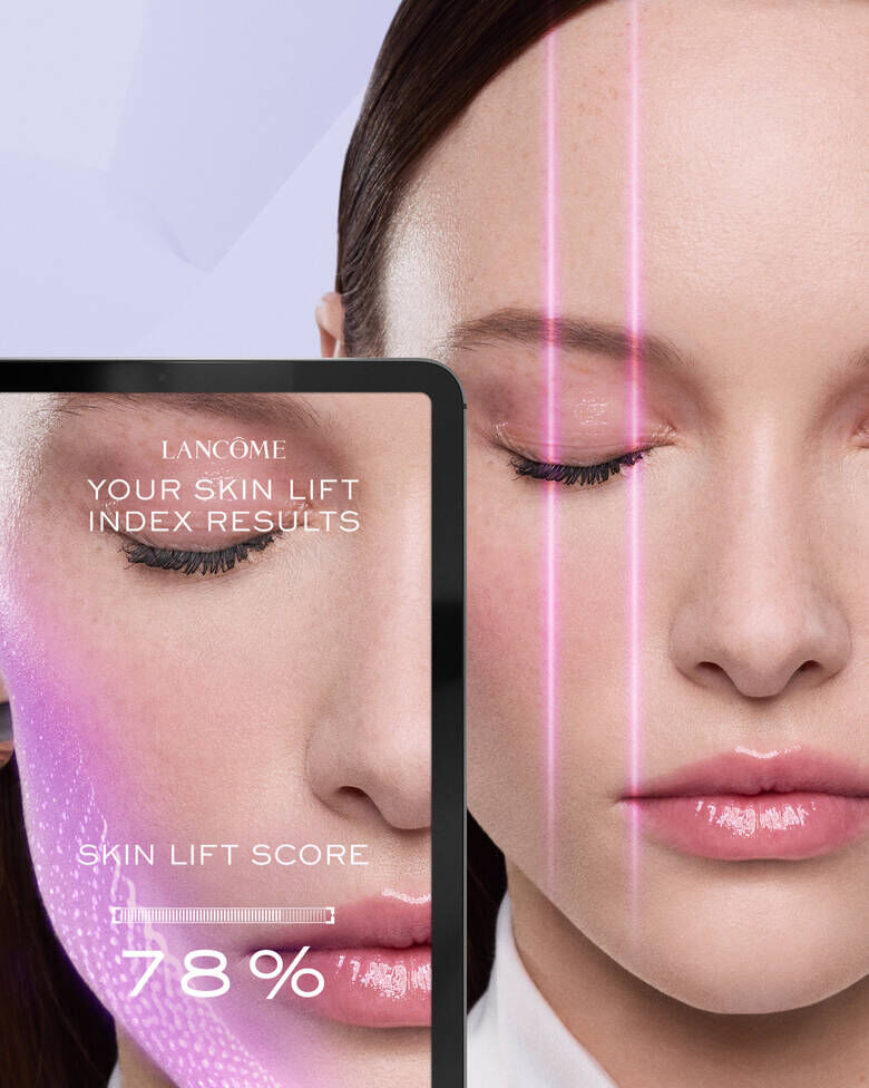 Flacon de ser cu retinol, design elegant, cu două compartimente și text aurit pe fundal violet.