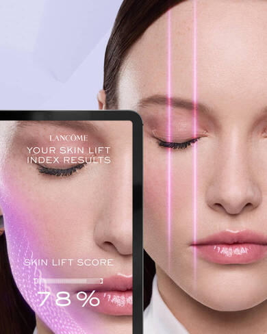 Flacon de ser cu retinol, design elegant, cu două compartimente și text aurit pe fundal violet.