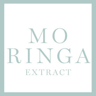 Texto en un logo que dice "MORINGA EXTRACT" con un fondo blanco y borde verde claro.