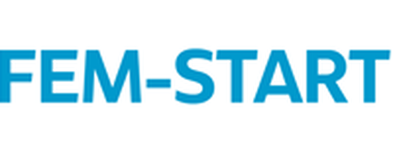 Logotipo de FEM-START, con letras en azul.