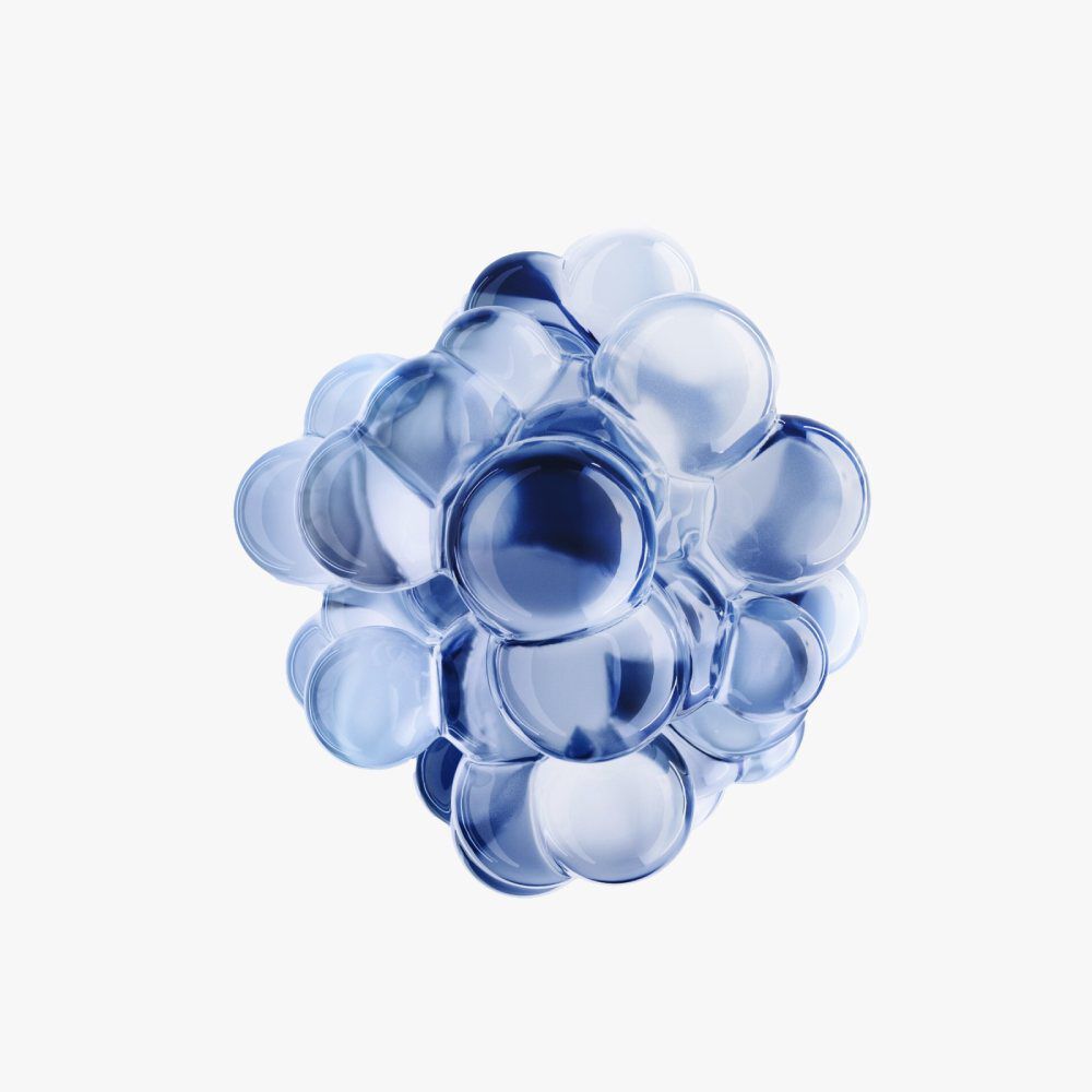 Esfera abstracta compuesta por burbujas translucidas de tonos azules, flotando en un fondo blanco.