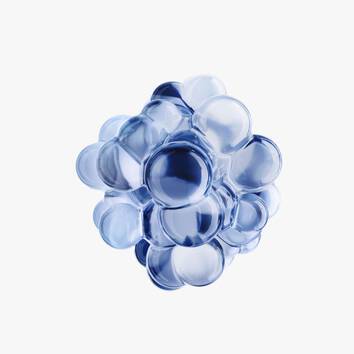 Esfera abstracta compuesta por burbujas transparentes en tonos azules, sobre fondo blanco.