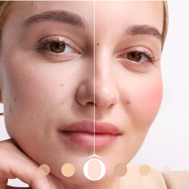 Mujer con una mitad de su rostro maquillada y la otra sin maquillaje, mostrando una comparacion clara.