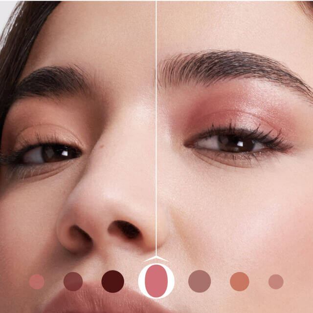 Primer plano de una mujer con maquillaje suave en los ojos y labios, mostrando una paleta de tonos nude abajo.