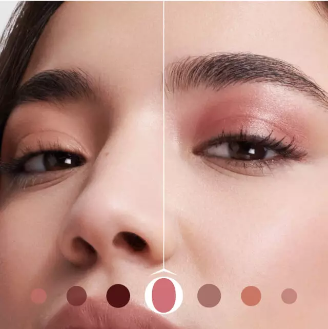 Primer plano de una mujer con maquillaje suave en los ojos y labios, mostrando una paleta de tonos nude abajo.