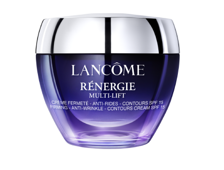 Crema antiarrugas de Lancôme en un frasco morado, etiquetada como "Rénégie Multi-Lift" con protección solar SPF 15.