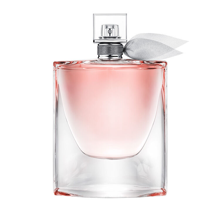 Frasco de perfume elegante con un diseño rectangular y líquido rosa, decorado con una cinta plateada.